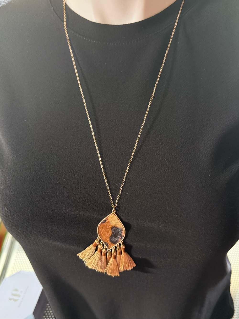 Boho Teardrop Pendant Necklace with Brown Tassels - Gold Chain
